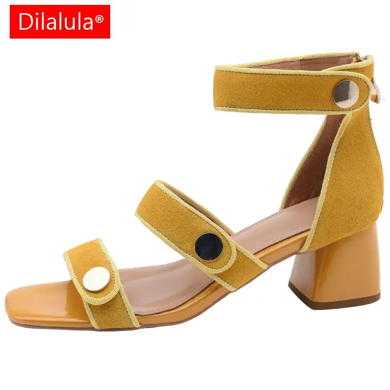 

Dilalula New Arrival Women Sandals Fashion Metal Decoration Cow Suede Leather Back Zipper Thick Heels Shoes Woman Summer Party