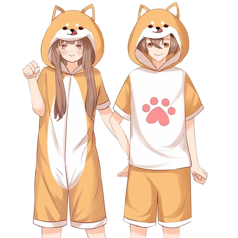 Anime Short Jumpsuit Kawaii Shiba Inu Pajamas Onesie Adults Kigurumi Corgi Hooded Sleepwear For Women Men Nightwear Plus Size