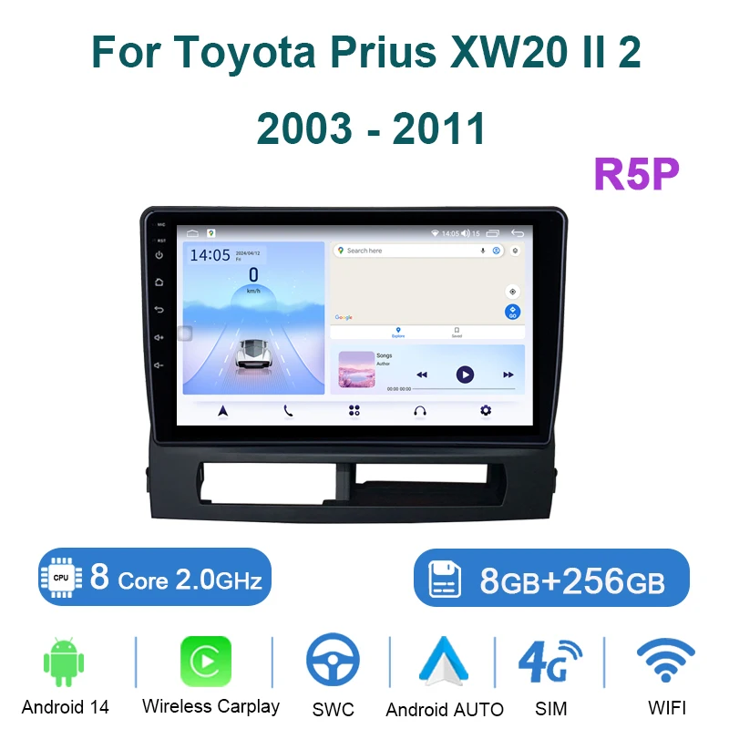 

9 "8G 256G Android 14.0 Автомобильный мультимедийный радиоплеер для Toyota Prius 20 2002-2009 GPS Стерео DSP Carplay WIFI Auto No 2 Din DVD