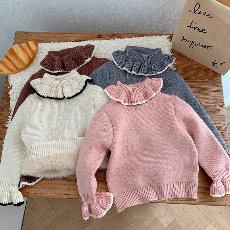 

2022 Winter Girl Baby Ruffle Plus Fleece Bottoming Shirt Children Knitted Pullover Thicken Sweater Kid Fashion Long Sleeve Tops
