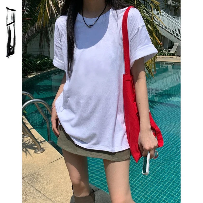Новая летняя женская Однотонная футболка в стиле простоя свободный стройнящий