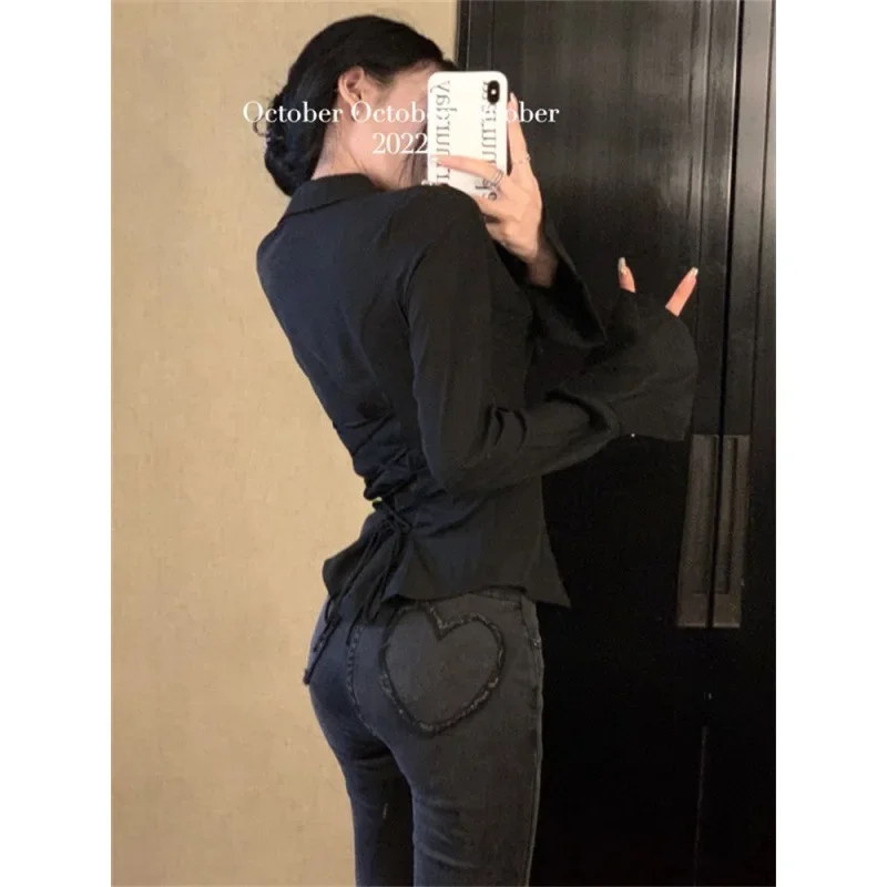 Корейская модная женская рубашка элегантная черная с длинным рукавом Gyaru