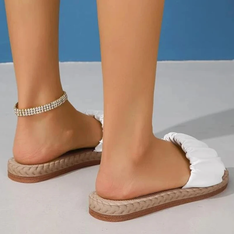Women Ruched Design Single Band Slides Vacation White Slides 2023 New Sexy Mature Shoes Ladies Open Toe Female Slippers