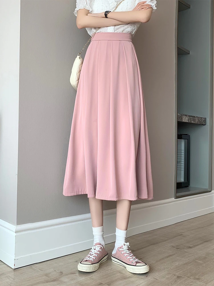 

2022 Summer White Pleated Skirt Female Fashion Korean Style High Waist A-Line Midi Skirt Cute Pink Skirts Womens Saia Feminina