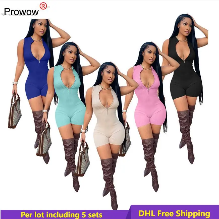 

PROWOW Summer Rompers Women Knitted Ribbed Jumpsuits Sexy Sleeveless Zipper Playsuits Bodycon Overalls Wholesale Bulk DHL 6987