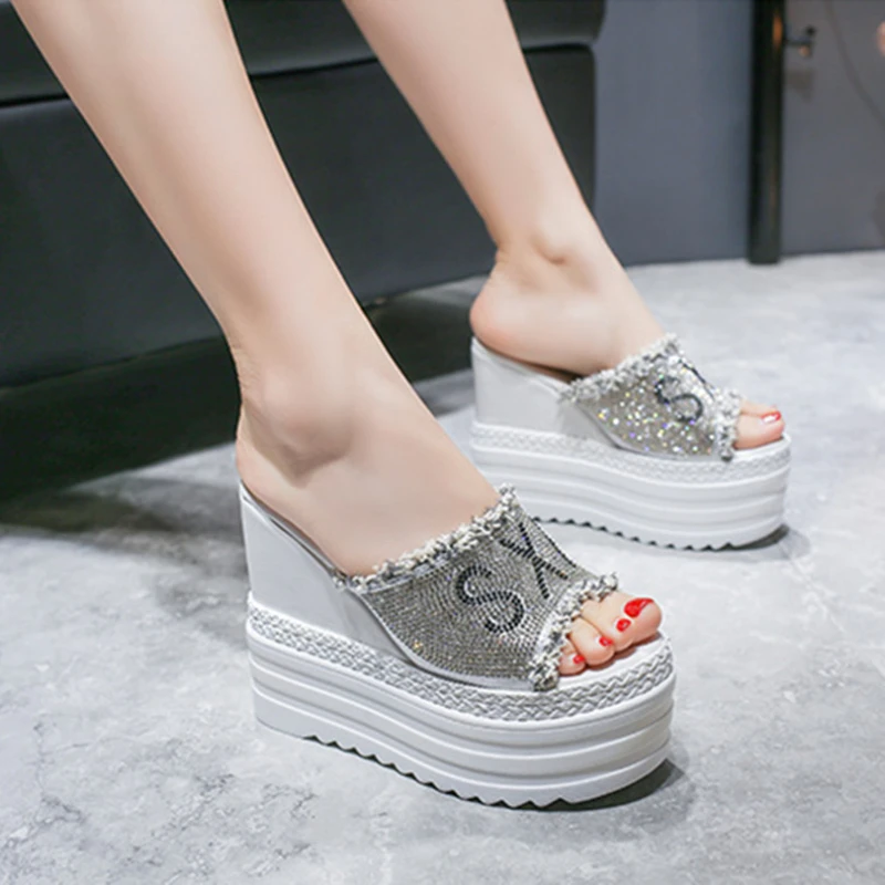 Summer Women Slipper 6cm Platform Non-slip Super High (8cm-up) Solid Wedges 13cm High Heels Ladies Slides Outside Female Shoes