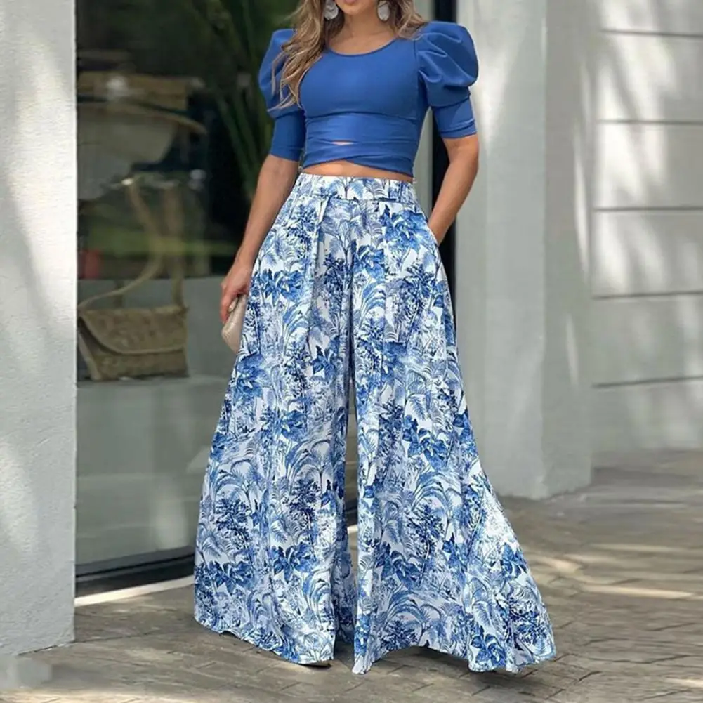 

2 Pcs/Set Chic Lady Outfit Set Elastic Waists Pockets Top Pants Suit Short Sleeves Wide Leg Crop Top Trousers Set