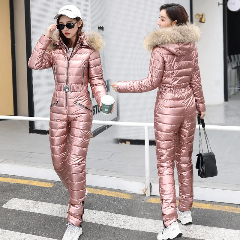 Women Onesie Skiing Jackets Parka One Piece Ski Suit Winter Outerwear Fur Collar Trim Hooded Snowsuit Long Sleeve Ski Jumpsuit
