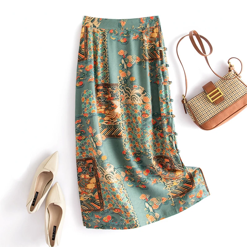 2022 Summer Mulberry Silk Skirt for Women Royal Vintage China Printing A-Line Long Skirts