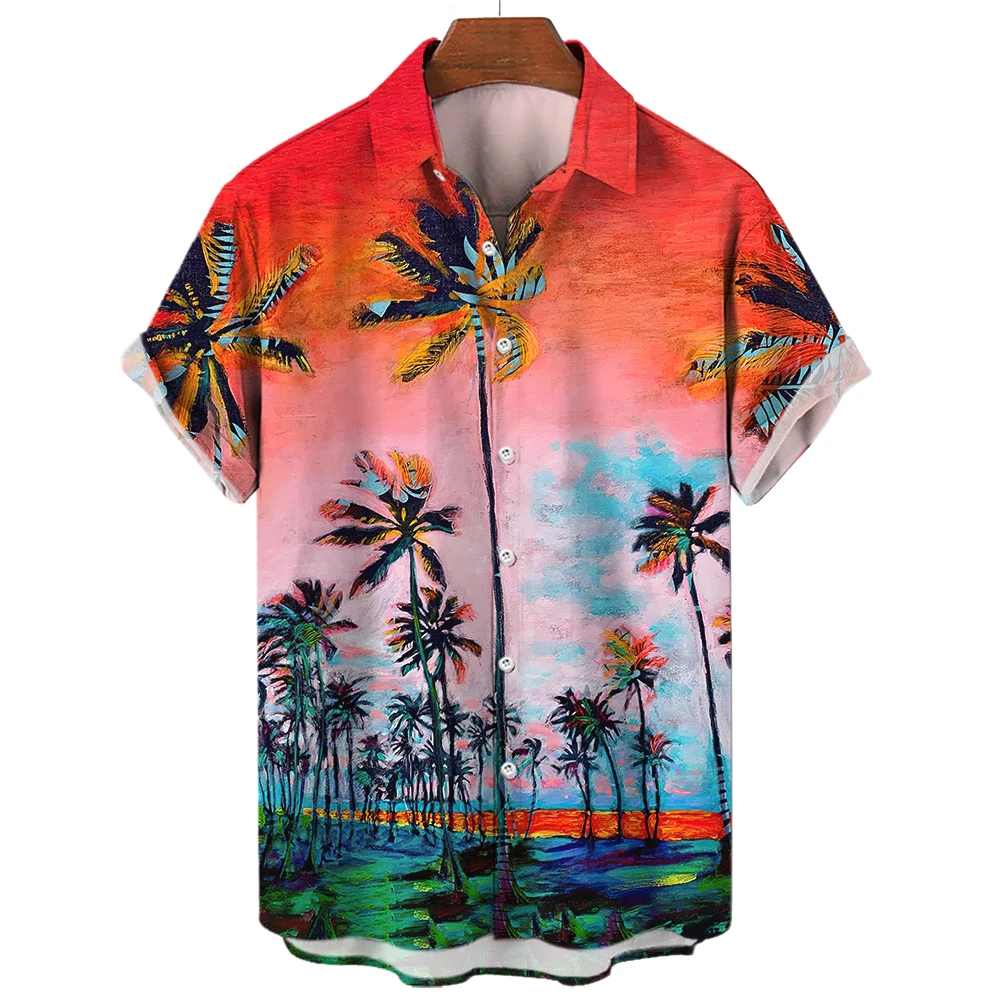 

2023 Summer Hawaiian Men's Shirt Beach Coconut Tree Print Shirt For Men Button Short Sleeve Top Fashion Male Clothes Blouse