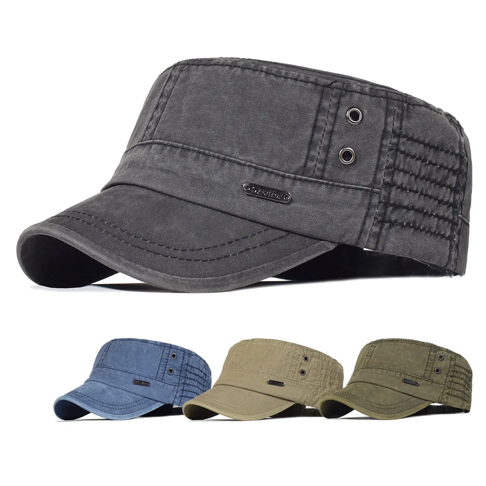 

Men Military Caps Washed Cotton Cadet Army Cap Unique Design Vintage Flat Top Hat Cycling Mountaineering Cap Womens Hats