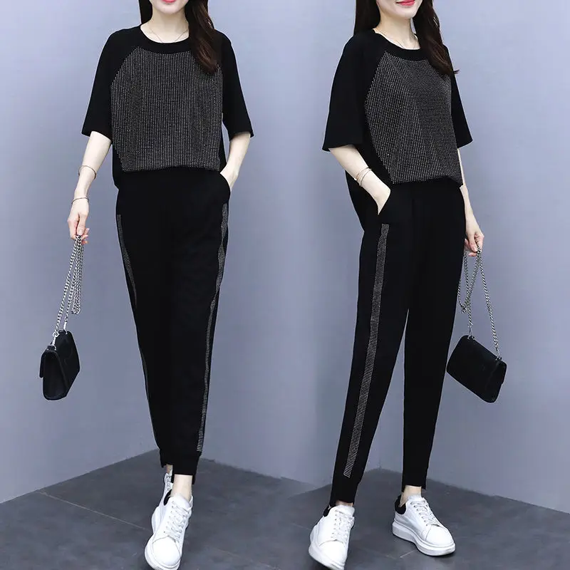 Женский брючный костюм с коротким рукавом Свободный Повседневный из двух