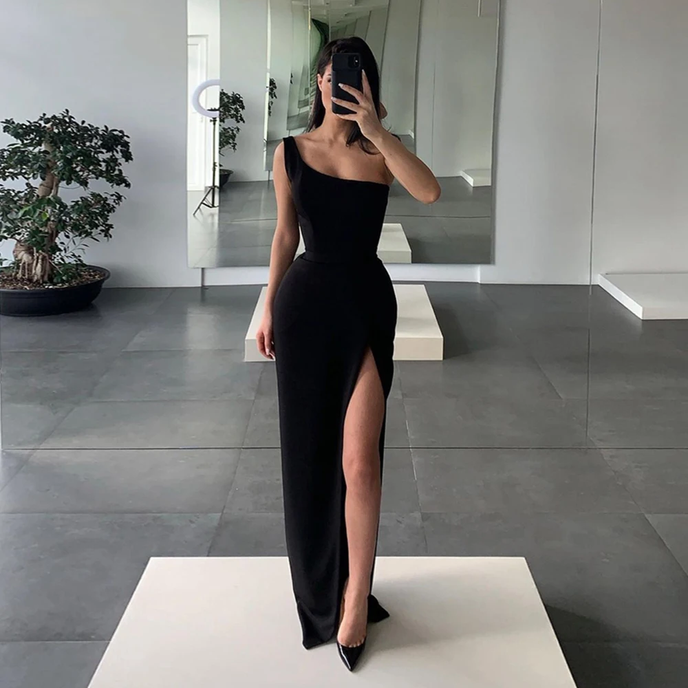 

GUXQD Sexy Black Mermaid Evening Dresses One Shoulder Prom Party Gown Arabic High Slit Vestidos De Fiesta Robes De Soirée