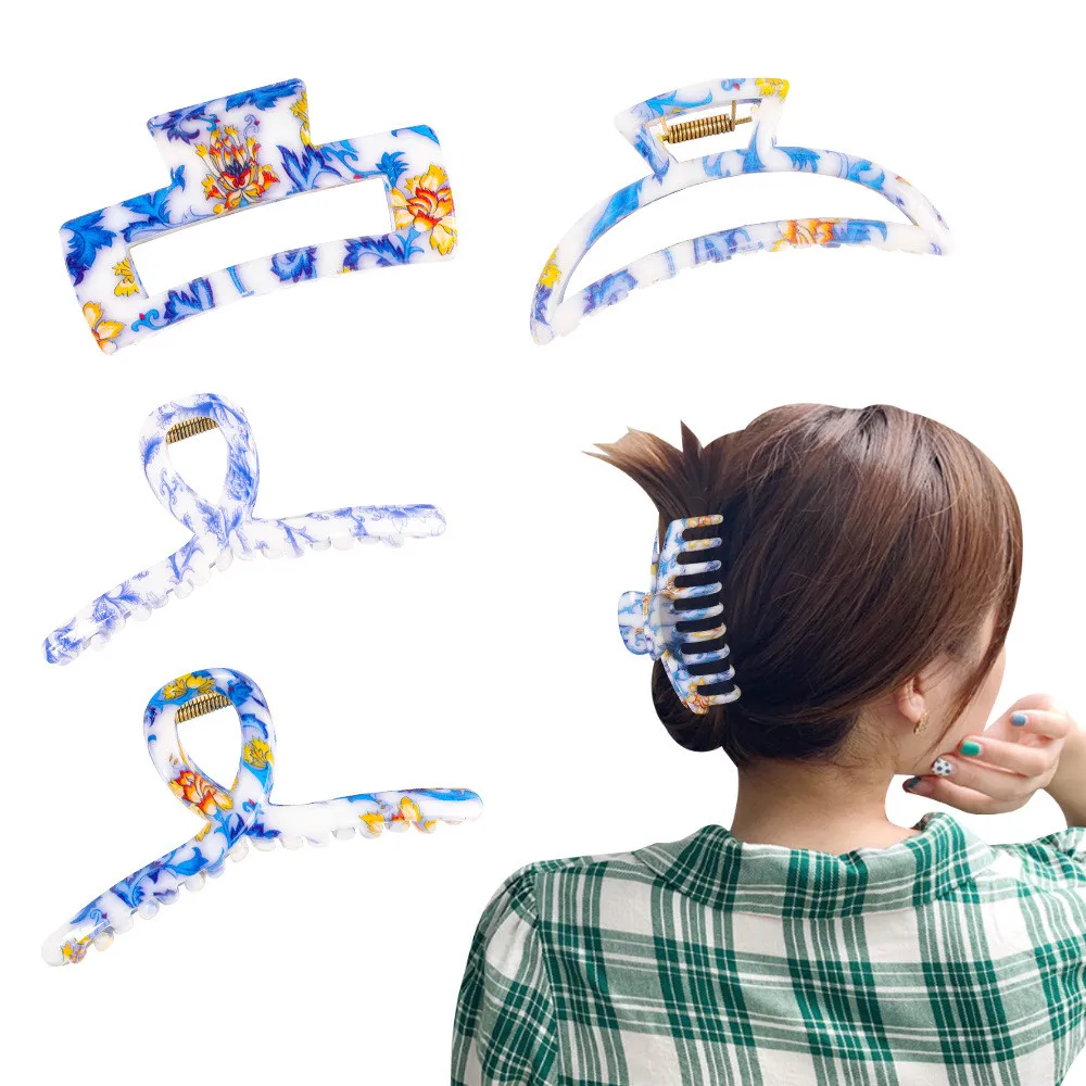 

Женские заколки-пряжки с цветами, заколки для волос из белого и голубого фарфора, аксессуары для волос