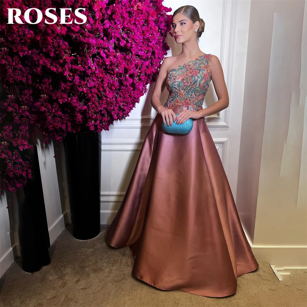 

ROSES One Shoulder Stain Evening Gown Elegant A Line Prom Dress Wedding Embroidery Beading Sequin Evening Dress robes de soirée