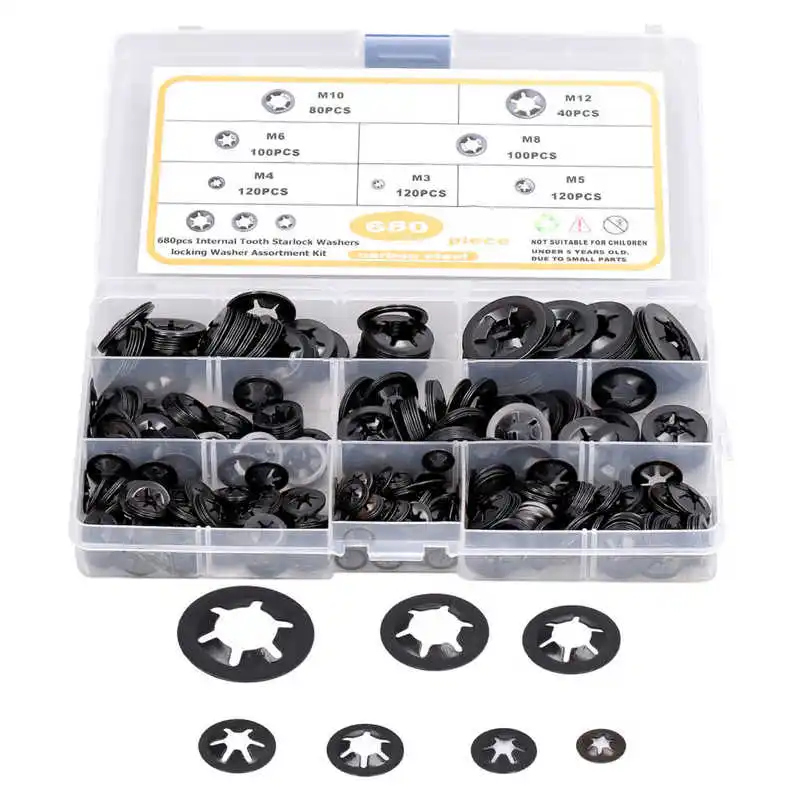 

680Pcs Starlock Washers Flat Locking Internal Tooth Assortment Kit Carbon Steel M3-M12