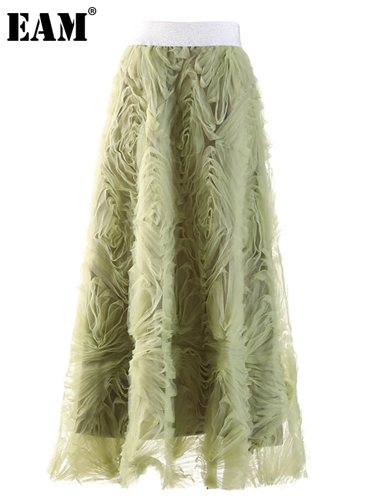 

[EAM] High Elastic Waist Green Mesh Pleated Elegant Long Half-body Skirt Women Fashion Tide New Spring Autumn 2022 1DE7442