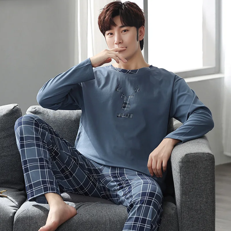 Pajamas Sets Men's Spring and Autumn Long Sleeved Trousers Simple Home Clothes Cotton Men's Large Autumn and Winter Casual Suits