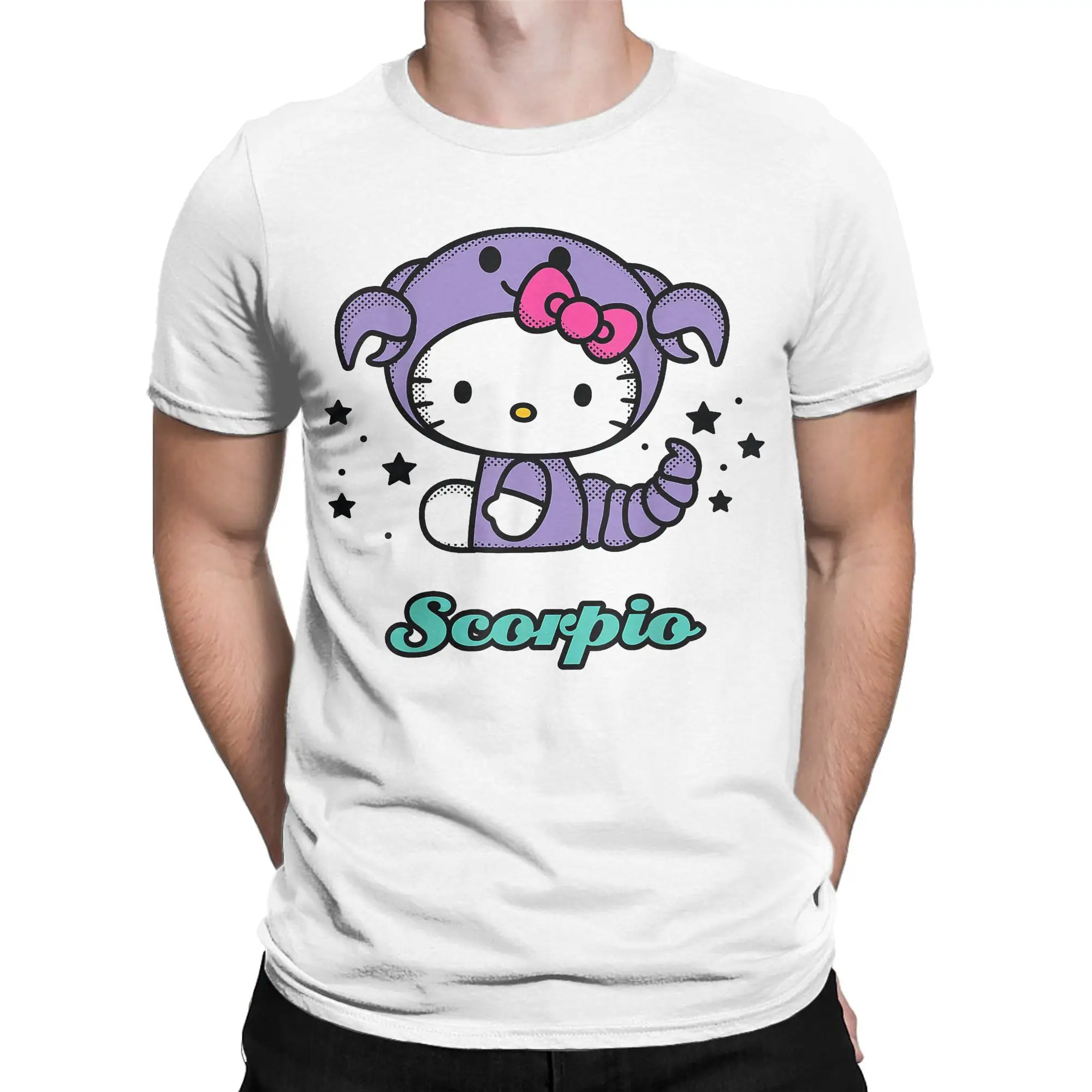 Hello Kitty Zodiac Scorpio Tshirts Men's Cotton Top Tee Funny O-neck Short Sleeve
