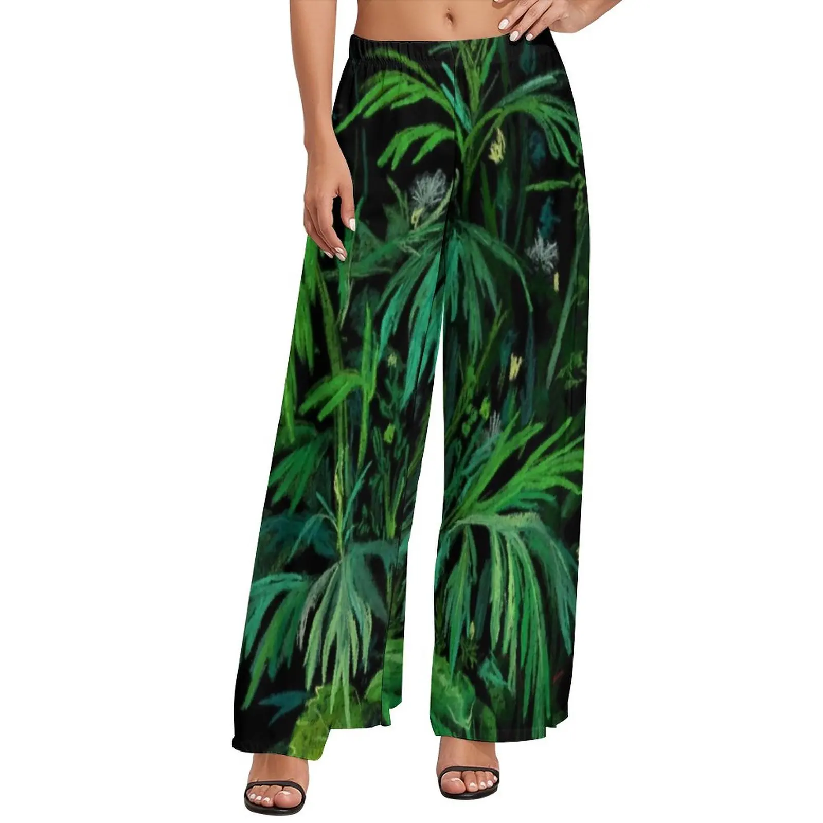 

Зеленые черные брюки из марихуаны с высокой талией, летние пикантные брюки с разноцветным цветочным рисунком, широкие брюки с принтом в сти...