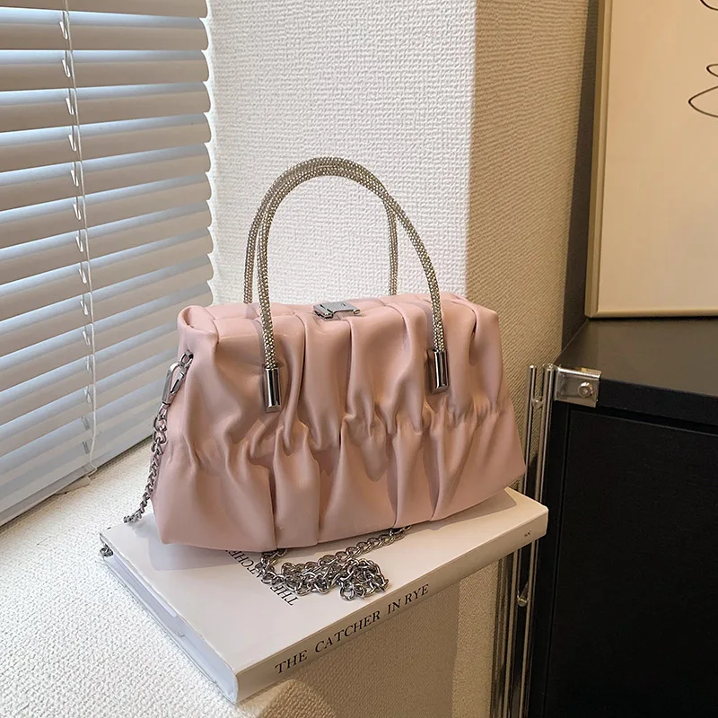 

Женская плиссированная сумка на одно плечо, саквояж кросс-боди из экокожи, дизайнерский брендовый чемоданчик с металлической цепочкой