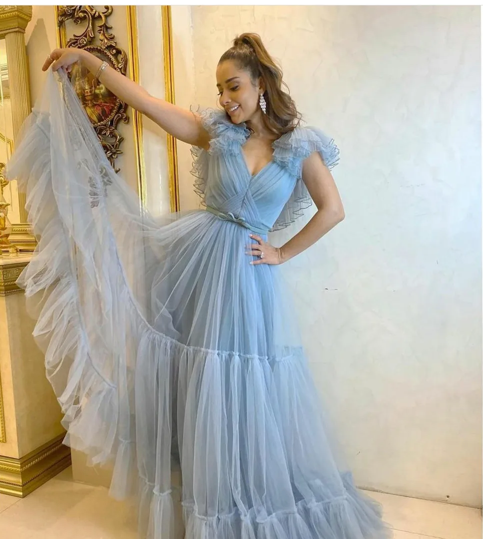 

Элегантные длинные тюлевые Светло-Голубые Вечерние платья с бантом трапециевидного силуэта с V-образным вырезом длиной до пола платье для выпускного вечера فالسالسдля женщин