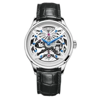 agelocer brand skeleton mechanical watch men automatic power reserve silver white leather wrist watches reloj hombre