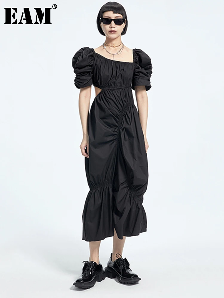 

[EAM] Women Black Hollow Out Long Irregular Dress New Round Neck Short Sleeve Loose Fit Fashion Tide Spring Summer 2022 1DD9406