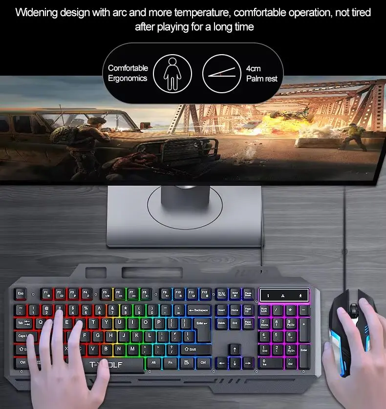 Фото Механическая игровая проводная клавиатура с RGB-подсветкой и мышью, металлическая панель, эргономичный комплект для ПК, ноутбука, планшета. №4