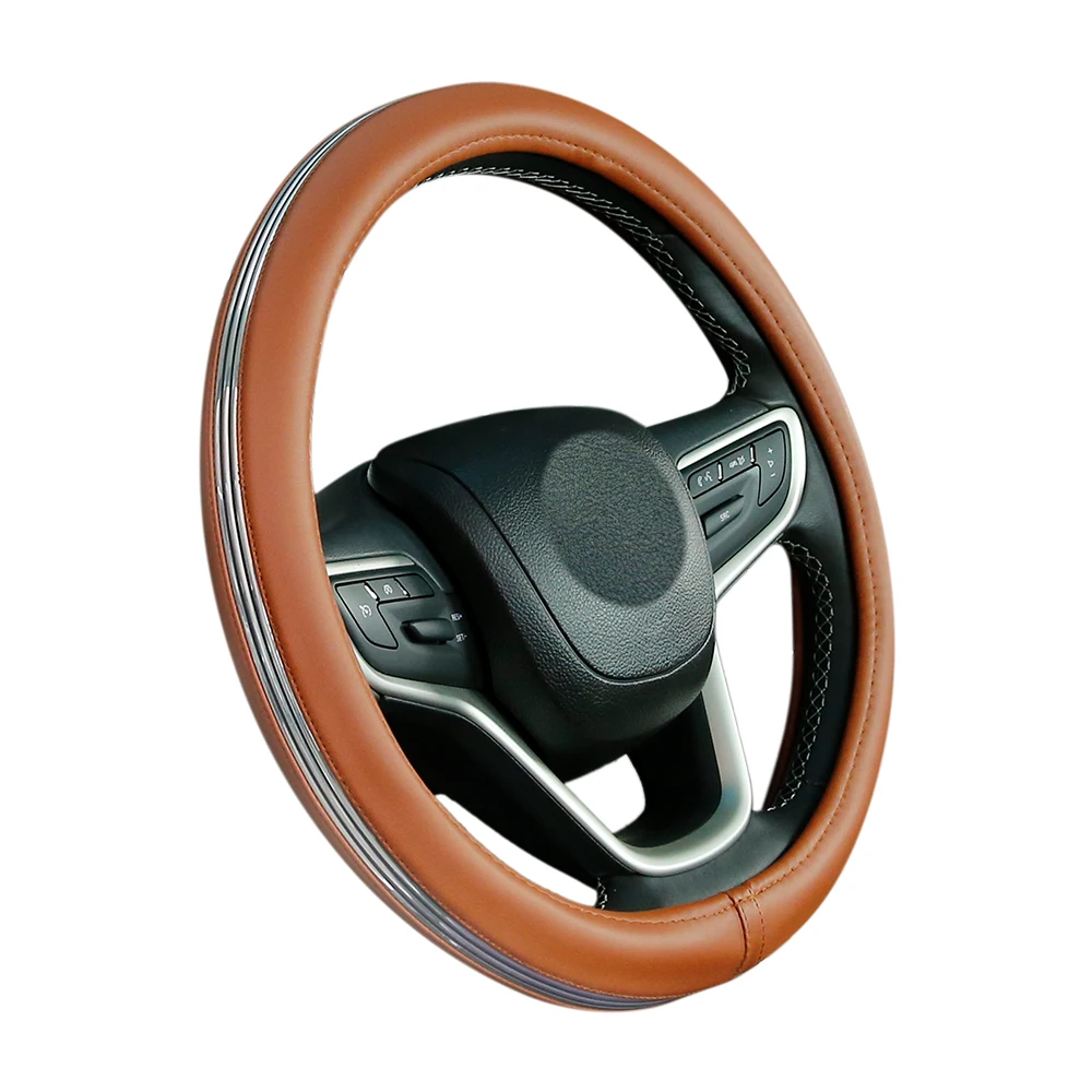 

Leather Car Steering Wheel Cover For The Driver Silver Connection Black Handle Covers Steering Decoration Inerior Accessories