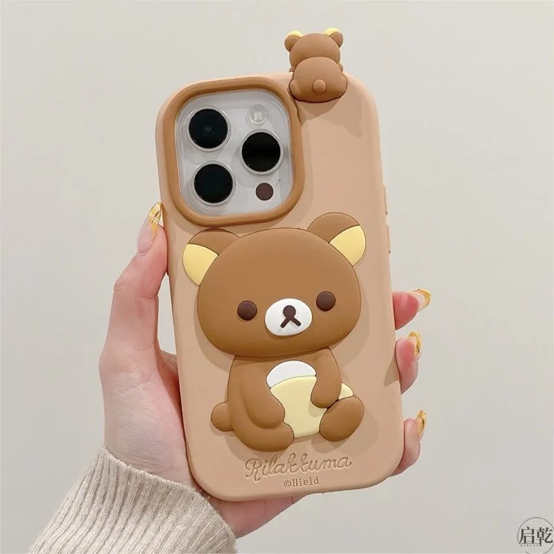 Фото Милый 3D-чехол для телефона Rilakkuma Bear с мини-медведем на верхней части для iPhone 17 16 15 14 13 12 Pro Max, мягкий силиконовый противоударный чехол №1