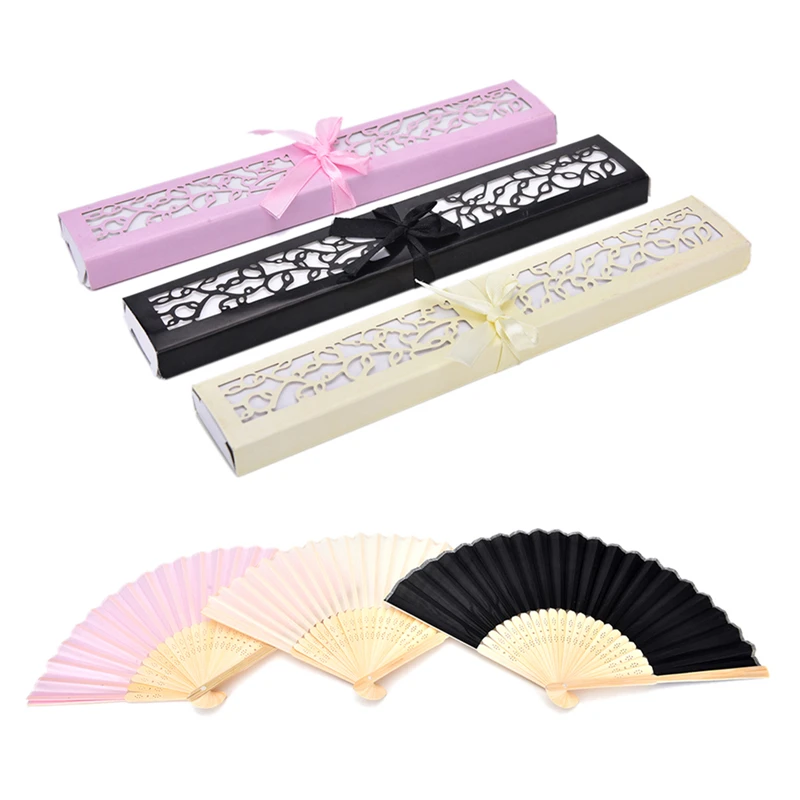 

1Pcs Solid Color Cloth Fan Ivory Bridal Chinese Bamboo Silk Hand Fan Wedding Favors Guests Gifts Hot With Box