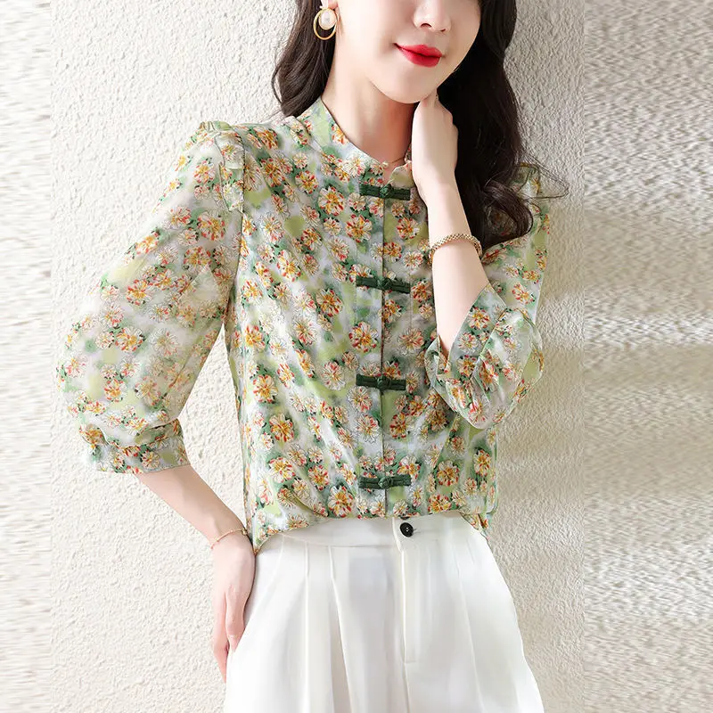 

2023 fashion chiffon blouse chinese style improved cheongsam button vintage blouse flower printed half sleeve shirt summer g760