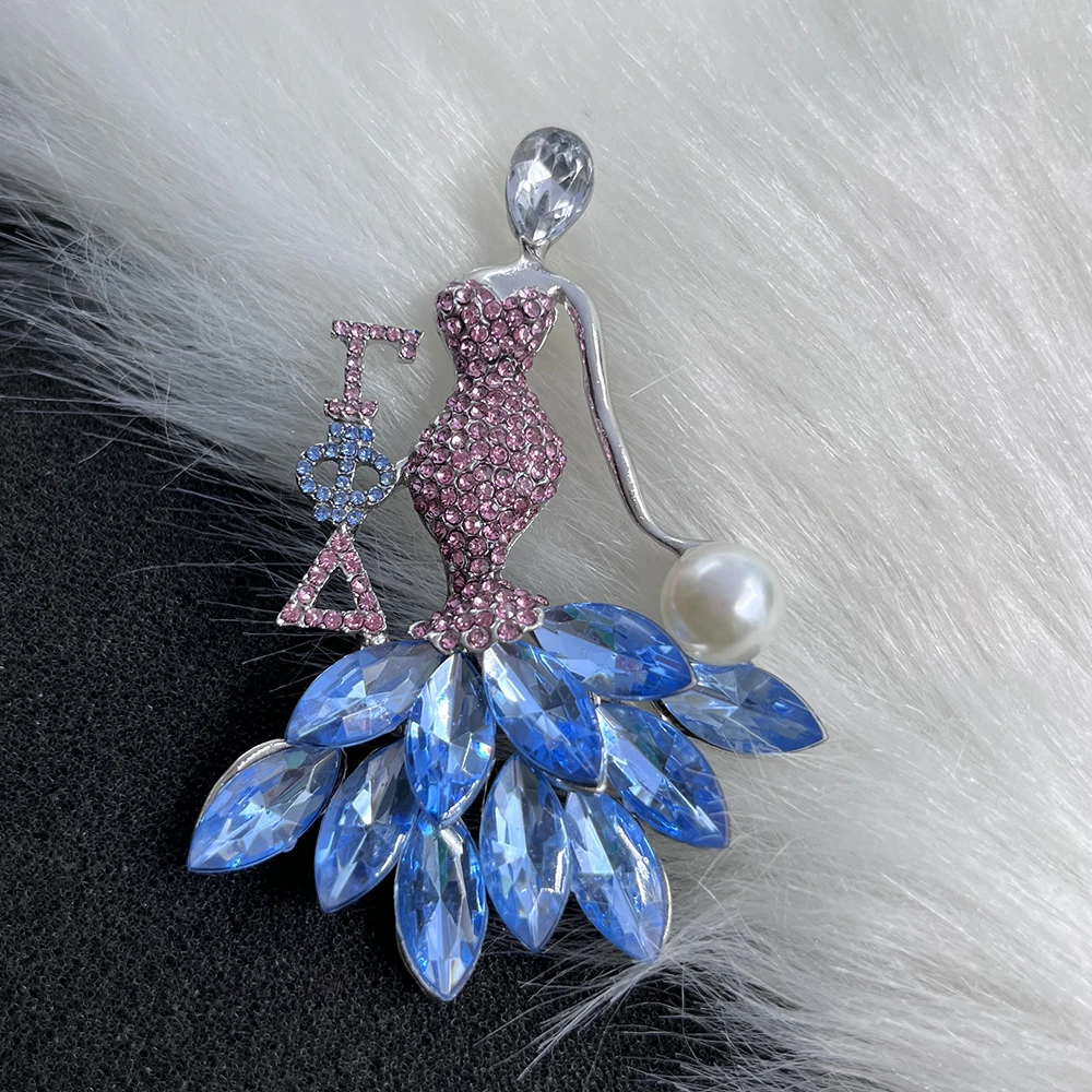 

New Greek Letter Inlay Blue Pink Diamonds Luxury Dance Lady Wear Brooch Women Sorority Jewellry