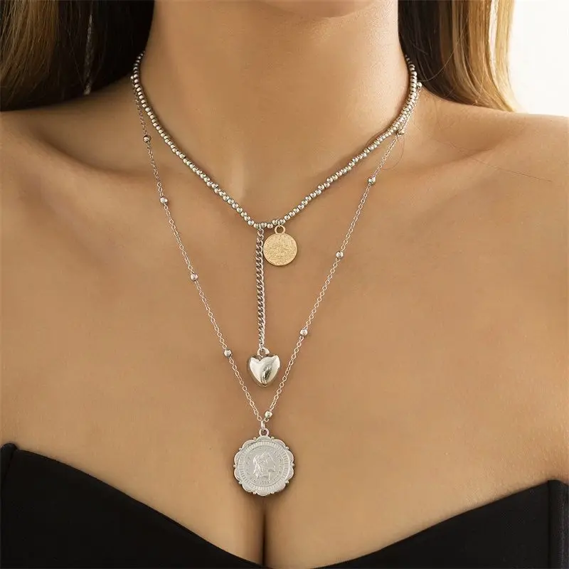 

2022 New Bohemia Double-deck Golden Chain Love Necklace for Woman Fashion Retro Silver Chain Pendant Choker Wedding Jewelry Gift