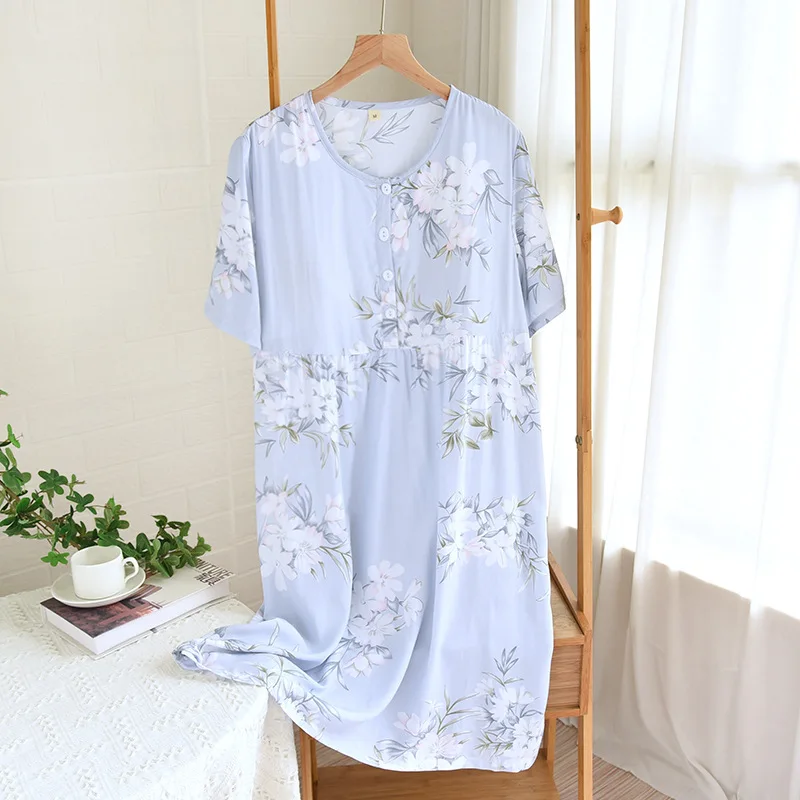 Korean Sleepwear Women Short Sleeve Printed Night Wear Dress Loose Summer Nightgowns Female Lounge Nightdress Vestido Mujer