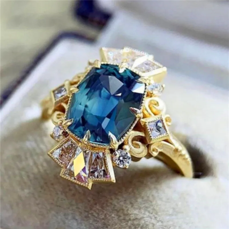 

Fashion Court Style Baguette Blue Crystal Ring Charm Jewelry Ladies CZ Wedding Commitment Engagement Ladies Jewelry Accessories