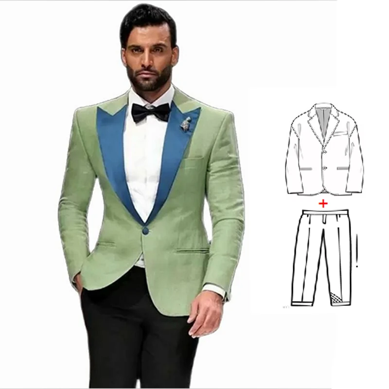 New 2 Piece Suit for Men Peak Lapel One Button Slim Fit Groomsmen Wedding Tuxedos Formal Prom Men Clothing Jacket with Pants