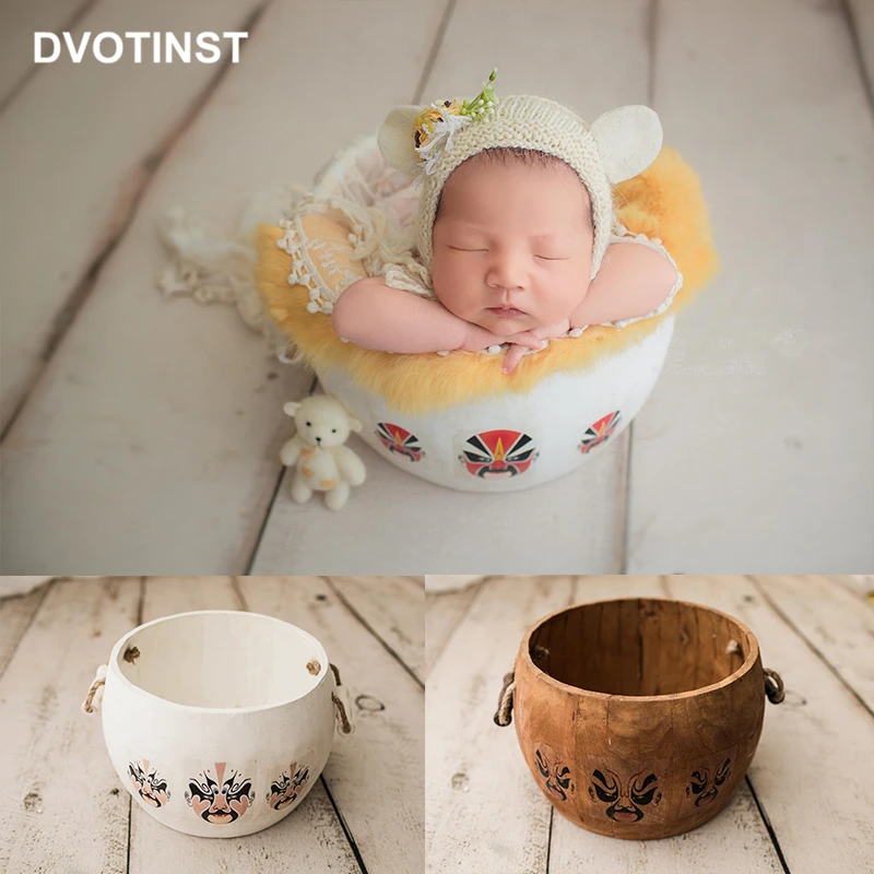 Dvotinst Newborn Baby Photography Props Wooden Round Bucket Chinese Vintage Fotografia Accessories Studio Shoot Photo Props