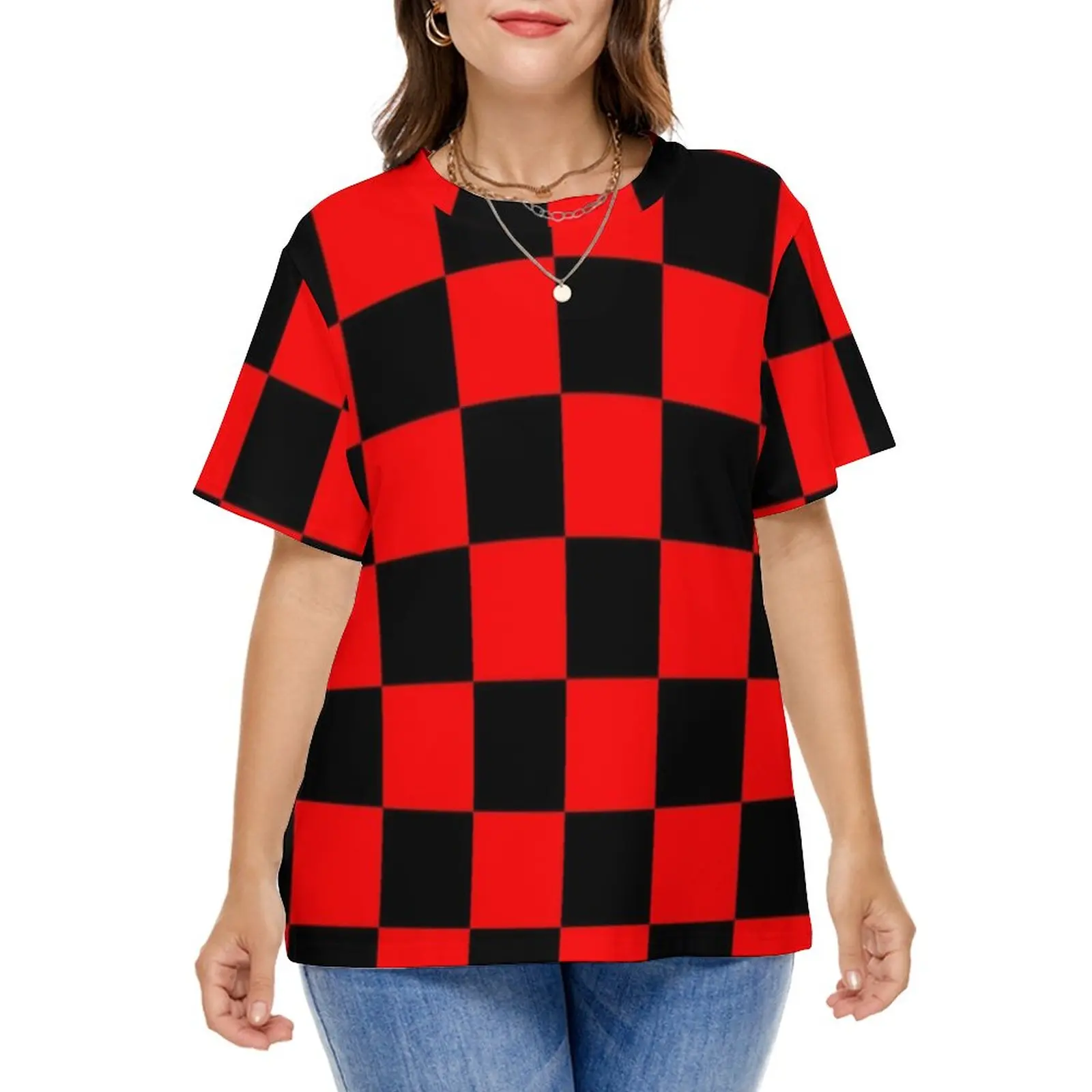 

Black And Red Two Tone T-Shirt Checkboard Hip Hop T Shirts Short Sleeve Casual Tshirt Summer Pattern Tees Plus Size 7XL 8XL