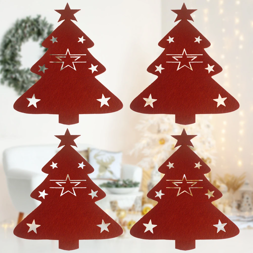 

4Pcs Xmas Tree Tableware Pocket Portable Christmas Tree Tableware Pouch Festival Theme Decorative for Party Desktop Decorations