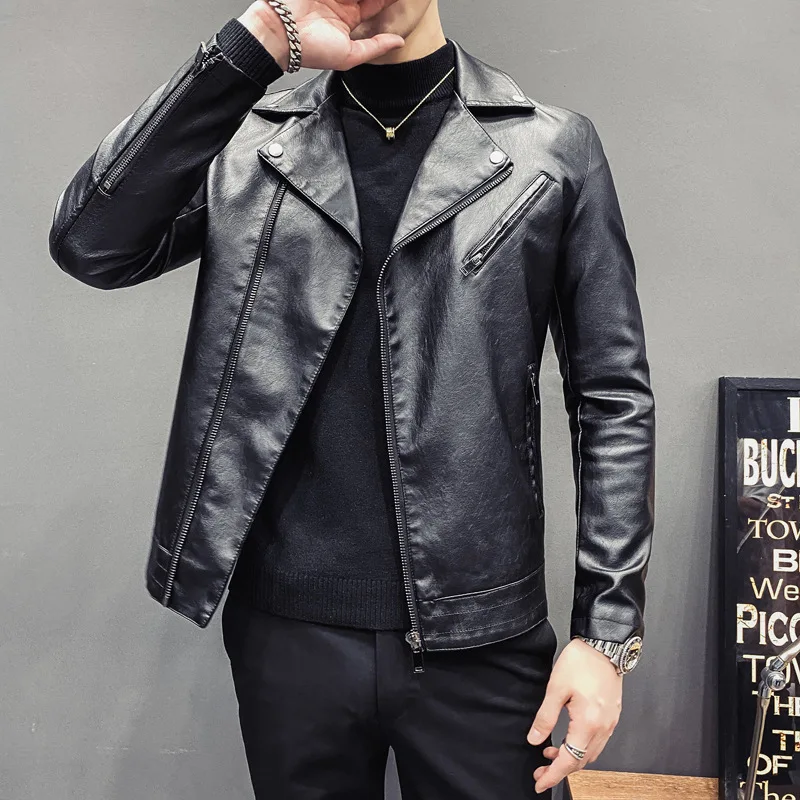 Autumn New Black Korean Fashion Slim Fit Handsome Men's Versatile Polo Collar Cycling Leather Jacket Business Punk Rock Top