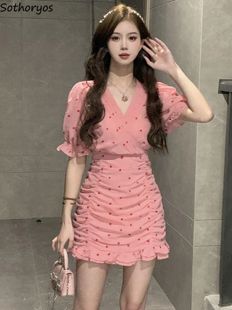 

Dresses Women Ruffles Folds Simple Sweet All-match Daily Charming Korean Style Ladies Creativity Young Age-reducing Personality