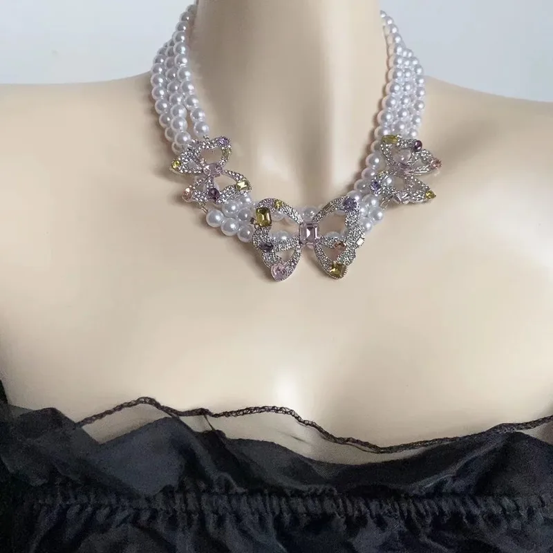 

Multi-layers Luxury Handmade Bling Crystal Bowknot Statement Pendant Necklace Choker Jewelry