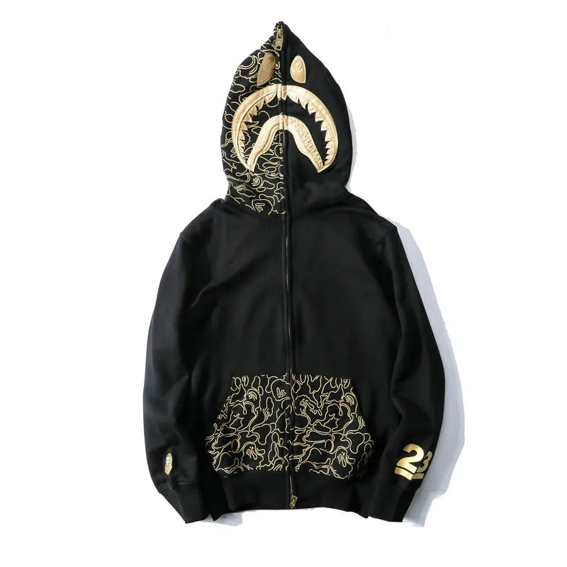 

Bape Black And Gold Embroidered Shark Head Pocket Print Sweatshirt Jacket