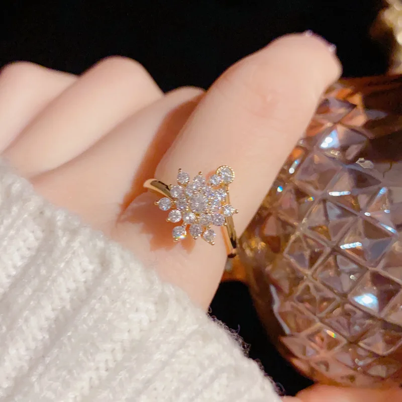 

Luxury Rotatable Snowflake Rings For Women Korean 14K Gold Plated Zircon Designer Adjustable Ring Wedding Jewelry 2023 Trendy