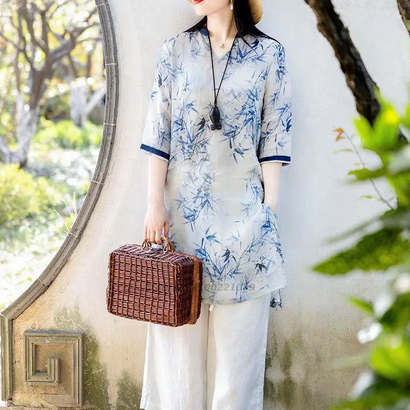 

2022 traditional chinese tang suit hanfu tops bamboo print vintage tops loose tang suit blouse oriental clothing long t-shirt