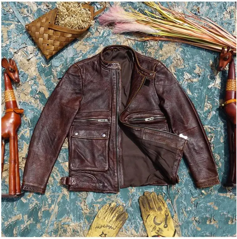 

Free shipping.11.11 super sales.real leather jacket.worker pockets leather cloth.Vinage Brown cowhide coat.Rider leather wear