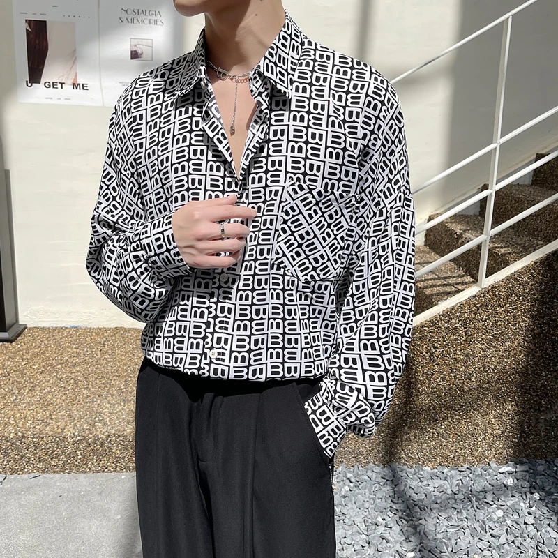 2022 Autumn Letter Printed Men Shirts  Long Sleeve Loose Casual Shirts Fashion Streetwear Personality Social Party Tuxedo Blouse