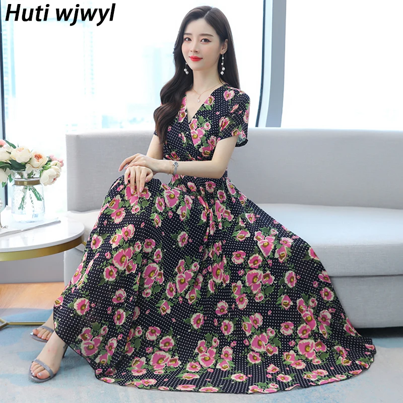 

Casual Print Vintage Beach Maxi Sundress 2022 Floral Chiffon Boho Midi Dress Summer Elegant Women Bodycon Party Evening Vestidos